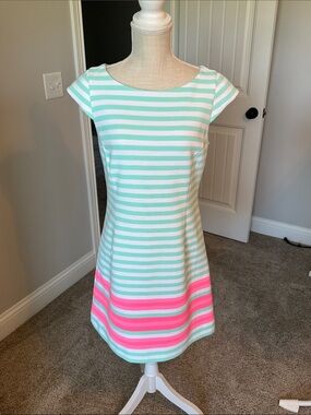 Lilly Pulitzer Mint, White & Bright Pink Striped Cap-Sleeve Shift Dress